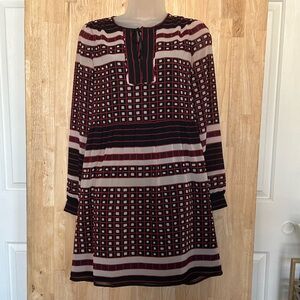 LOFT Women’s XS Black/Red Geometric Print Shift Dress Long Sleeves